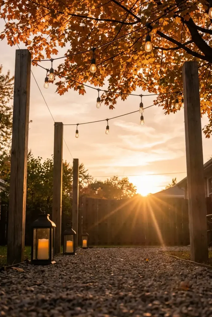 Warm cafe string lights and lanterns at dusk lighting rustic fall backyard decor in a small yard