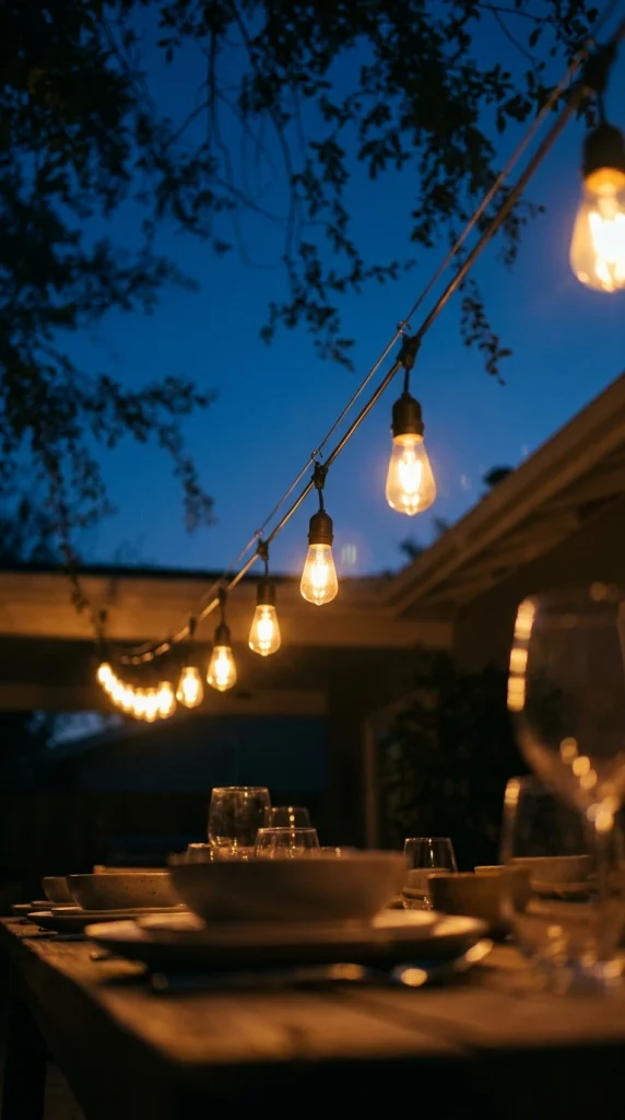 Warm café string lights over a fire pit dining table against a deep blue evening sky