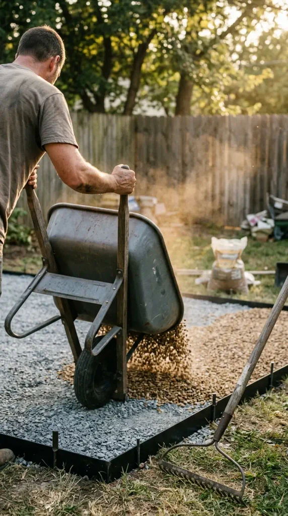 Wheelbarrow pouring pea gravel onto a compacted base for a DIY gravel patio