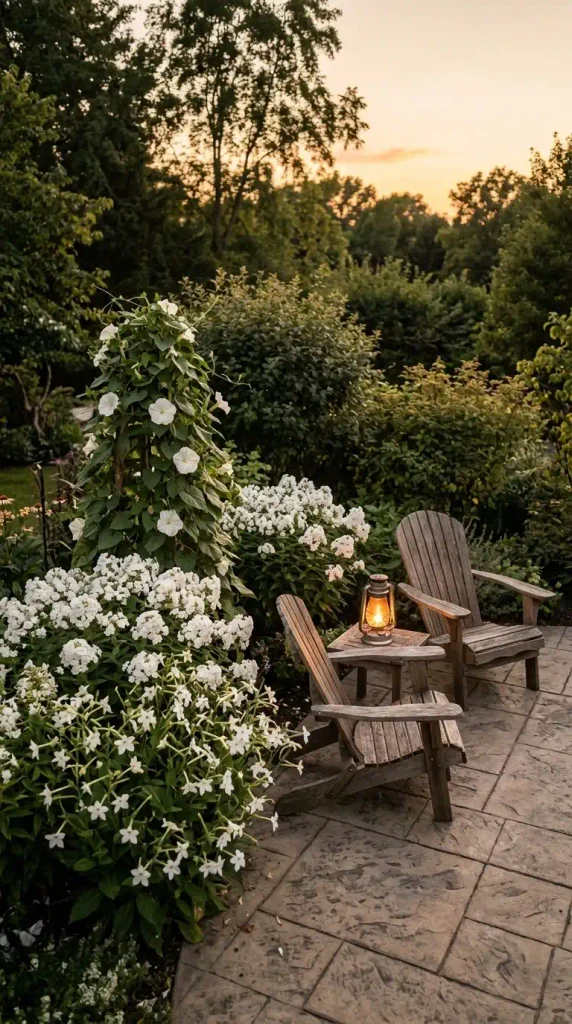 White moon garden flower bed beside a patio at dusk with phlox, flowering tobacco, and moonflowers