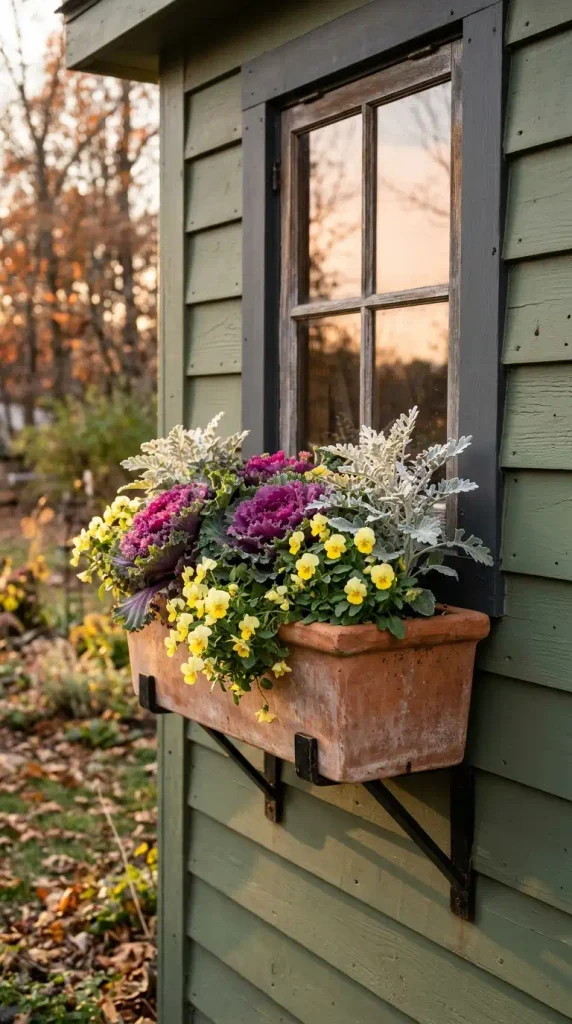 Window box of ornamental kale and violas under a shed window, a fall upgrade for a cozy backyard with a shed