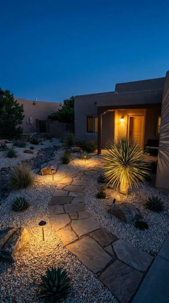 Xeriscape outdoor lighting for a no-grass front yard with low-voltage path lights at dusk