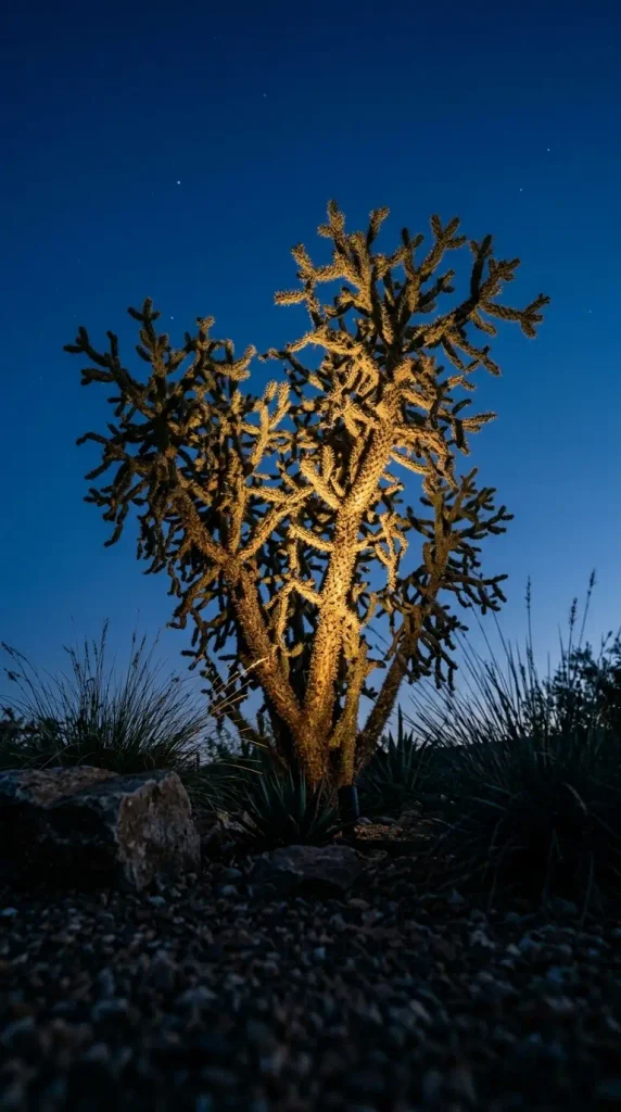 Xeriscape outdoor lighting idea with a tall tree cholla uplit from a set-back spotlight at dusk