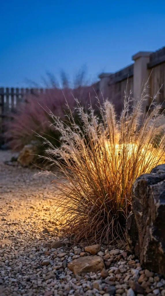 Xeriscape outdoor lighting idea with backlit little bluestem seedheads glowing copper at dusk