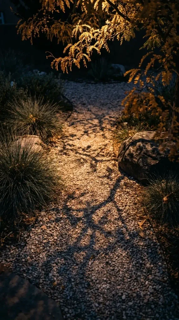 Xeriscape outdoor lighting idea with moonlight shadows from a honey locust on a gravel path