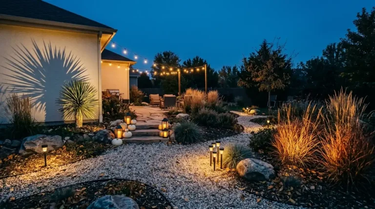 Xeriscape outdoor lighting ideas for fall in a gravel backyard with backlit grass, yucca shadow, and string lights