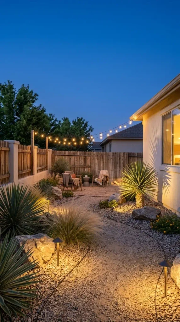 Xeriscape outdoor lighting ideas in a gravel backyard at dusk with an uplit yucca and string lights