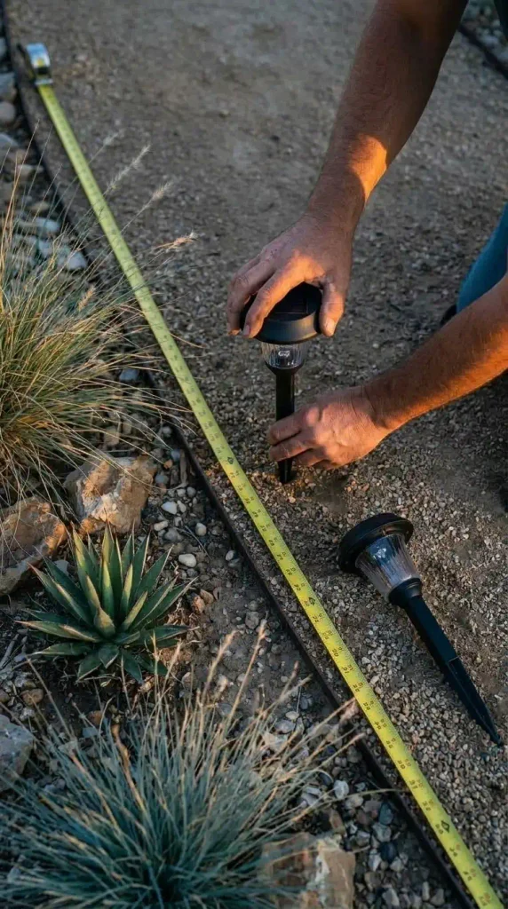 Xeriscape outdoor lighting setup with hands installing a solar path light in decomposed granite
