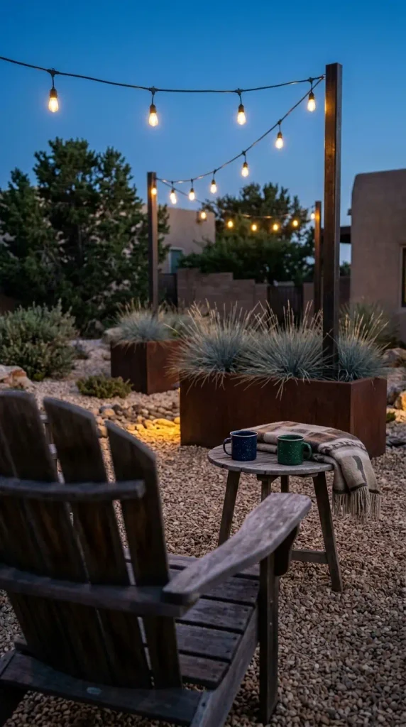 Xeriscape outdoor lighting with café string lights on steel posts over a gravel patio at dusk