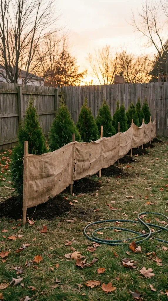 Young arborvitae hedge with a burlap windscreen on stakes and fresh mulch, ready for its first winter