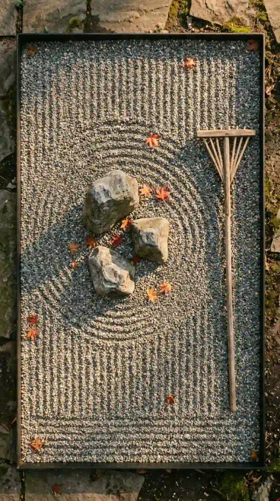 Zen garden backyard gravel field with three stones and fresh rake lines, seen from above