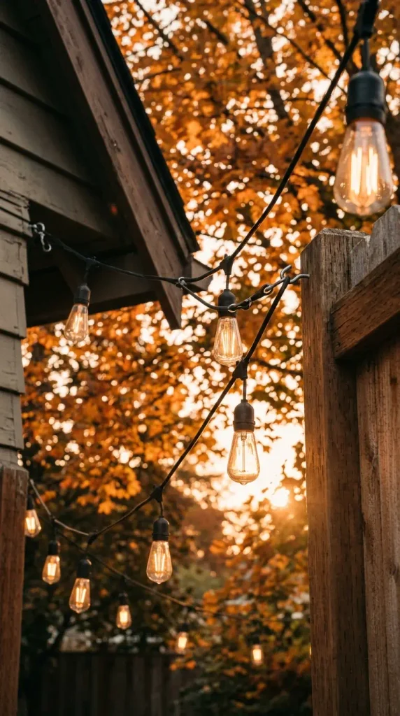 Zigzag café string lights for a fall backyard party glowing against a peach sunset sky