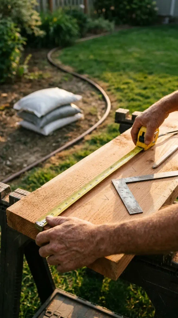 Japanese backyard game plan: hands measuring a cedar board for a low garden bench
