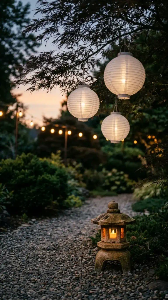apanese patio ideas: paper lanterns in a maple and a stone lantern glowing at dusk
